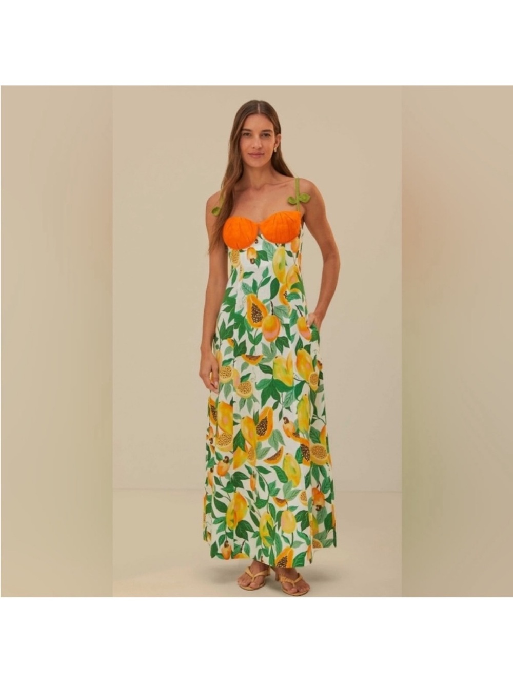 FARM Rio papaya Orange and Green Tropical Maxi Dress